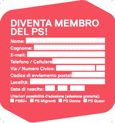 Sottobicchieri rossi con il logo del PS. Su un lato c'è il formulario per aderire, sull'altro l'indirizzo preaffrancato per la rispedizione